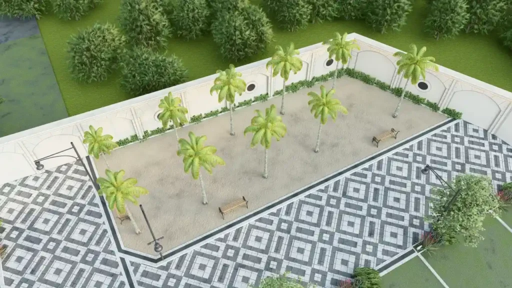 Residential property for sale with landscaped pathways and palm-lined open space