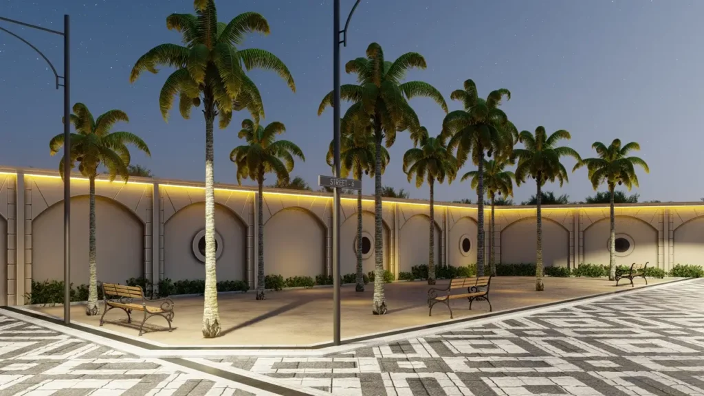 Landscaped internal streets with lighting in secure gated communities