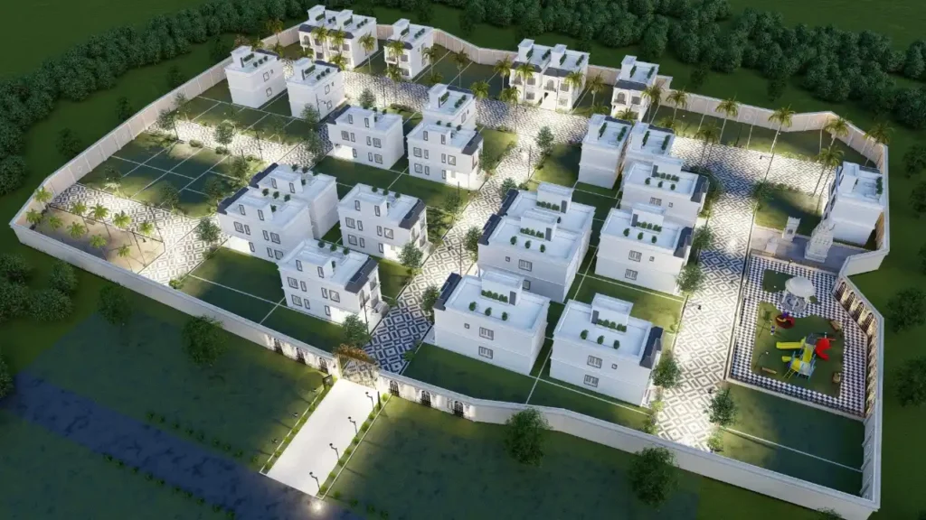 Luxurious modern villas in a planned gated community with landscaped roads and plots