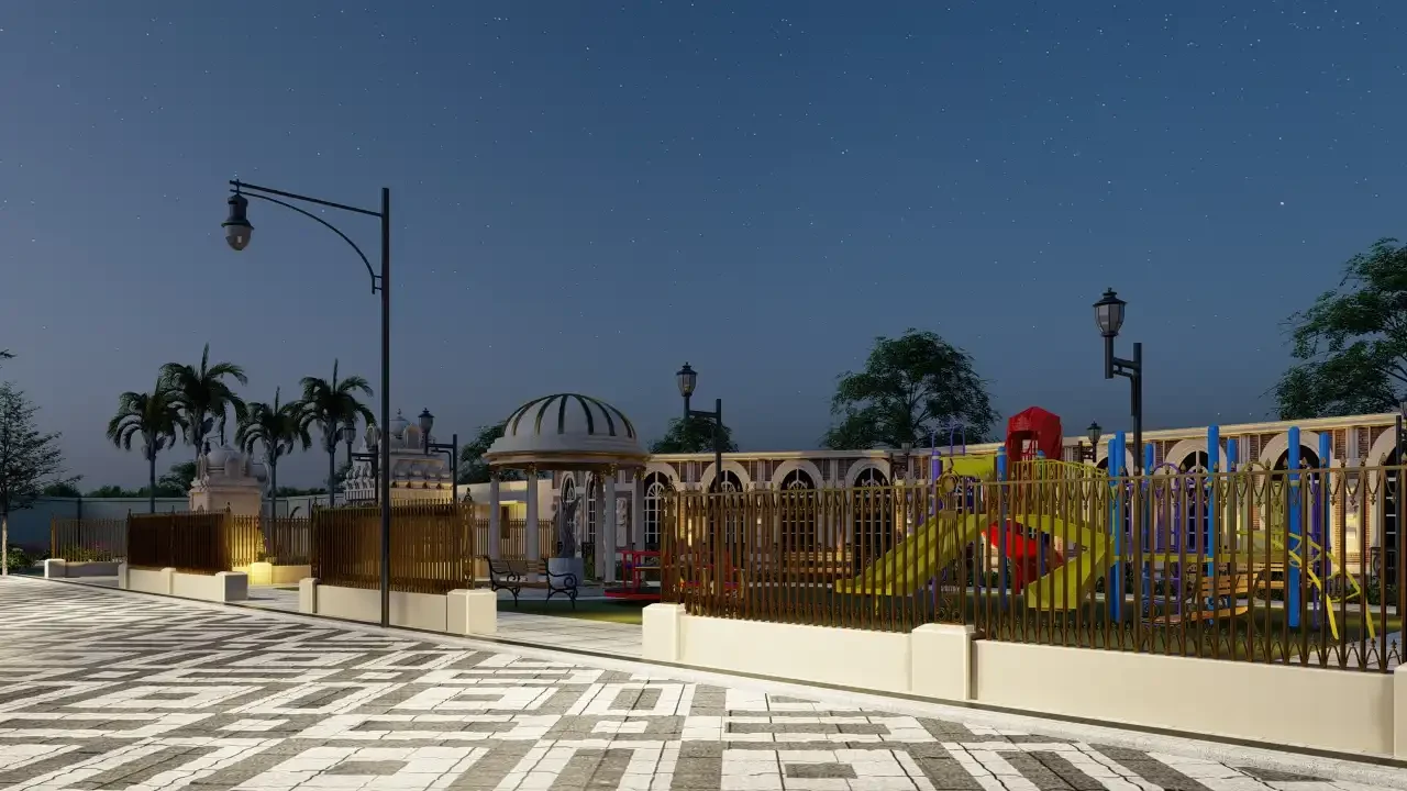 Night view of villas with pools for sale featuring kids play area and gazebo